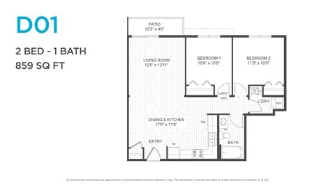 Floor plan for 2 beds, 1 bath, 859 sqft